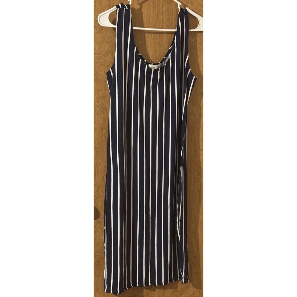 Love J Dress 1X Navy Blue White Stripe Sleeveless Sundress Stretchy